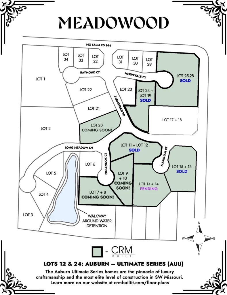 Meadowood community map in Springfield, MO showing CRM Built home sites (updated October 2026)